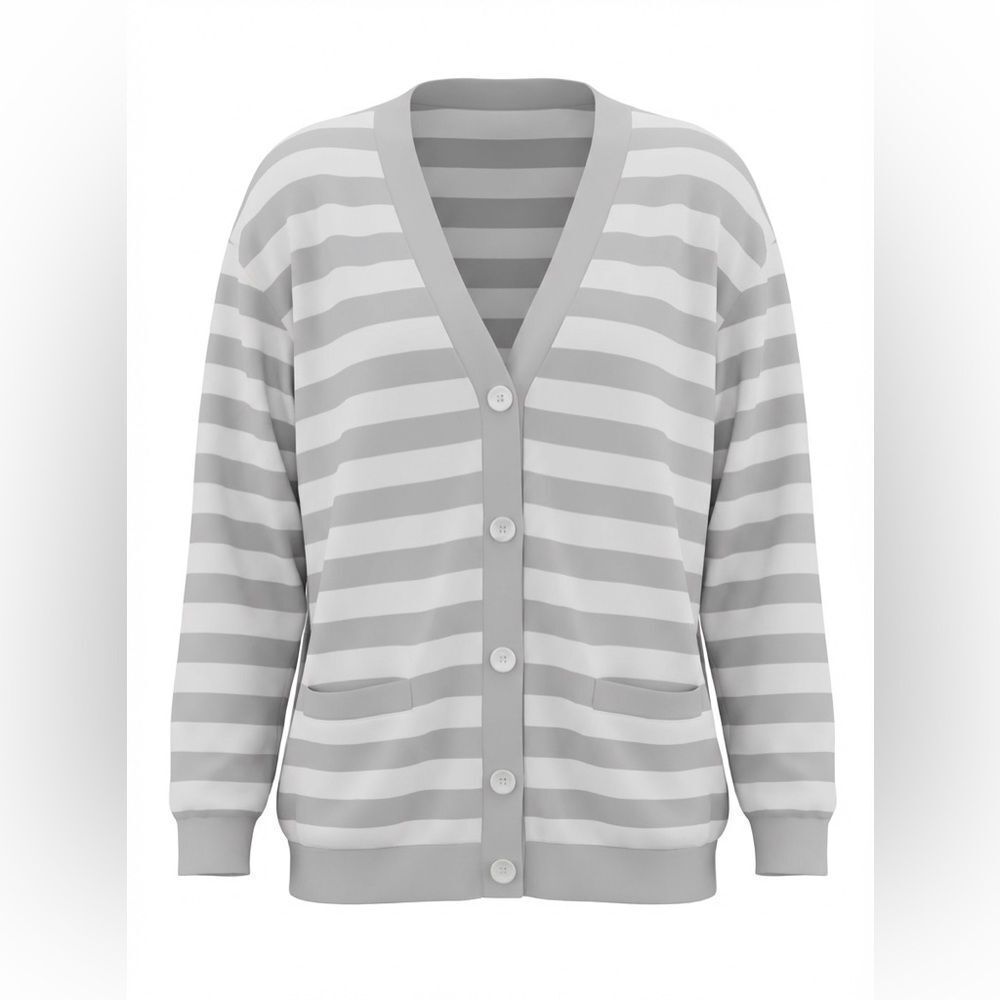 J JILL WOMRNS 2 TONE GRAY STRIPED CARDIGAN SWEATER SIZE L